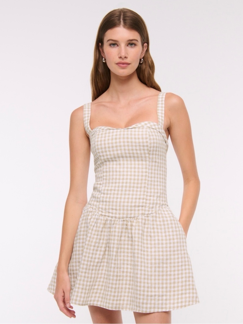 Abercrombie 100% Linen Brown Tan White Gingham Drop Waist Mini Dress Small Tall